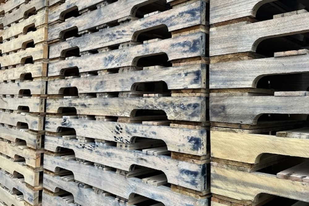 Pallets with blue stains, a common quality issue found on new pallets