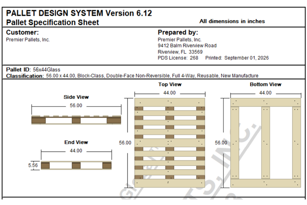 Pallet specification sheet showing dimensions with standard pallet sizes